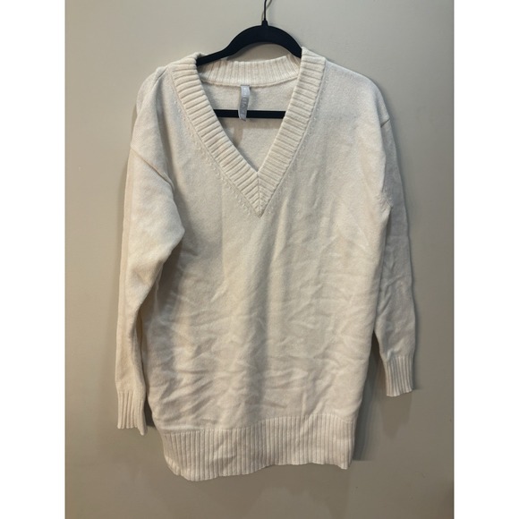 Athleta Wool Cashmere V-Neck Tunic Sweater Size S Cream Knit Pullover Soft Cozy - Picture 2 of 8